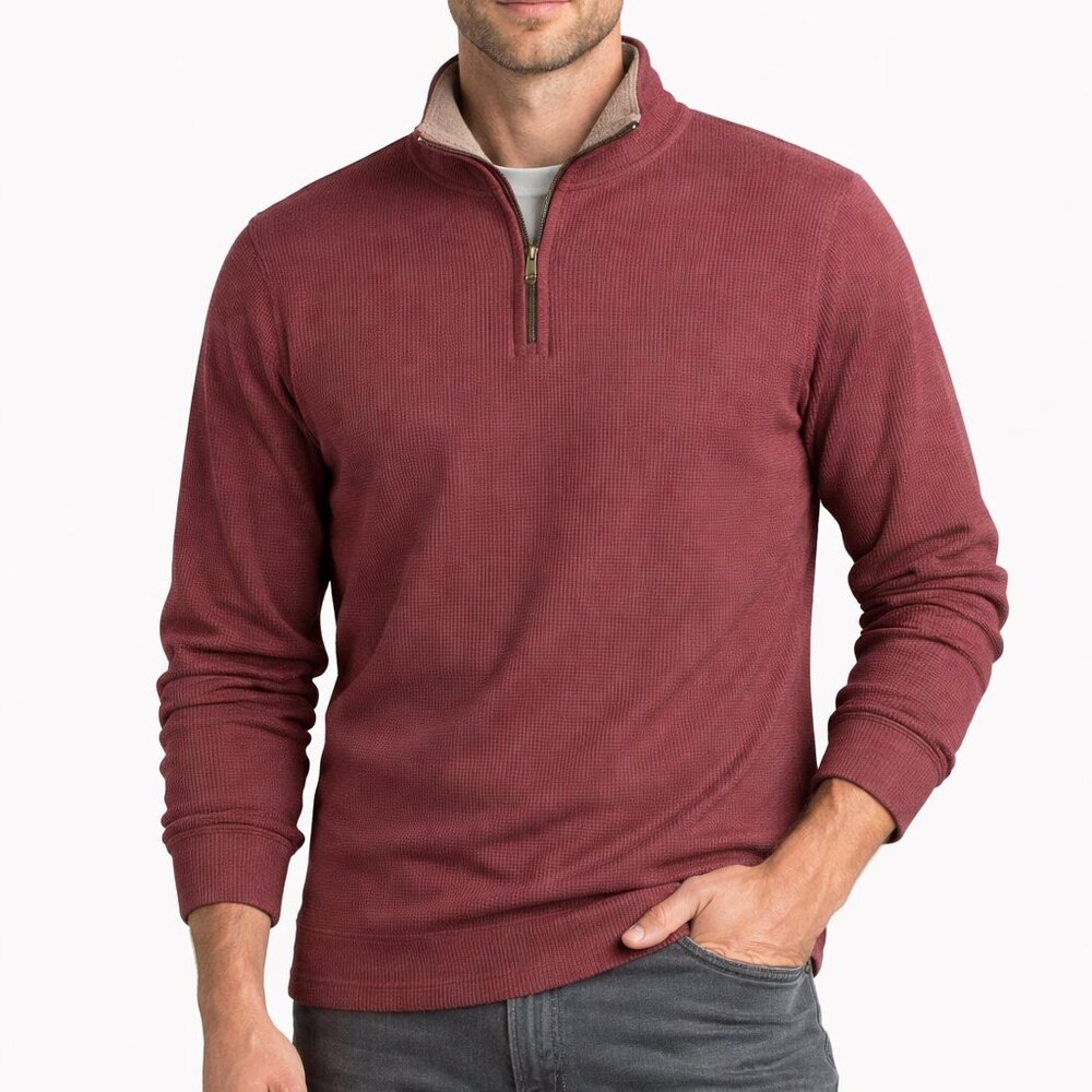 ⭐ Eddie Bauer Men’s Burgundy Waffle Knit Quarter Zip Pullover Thermal